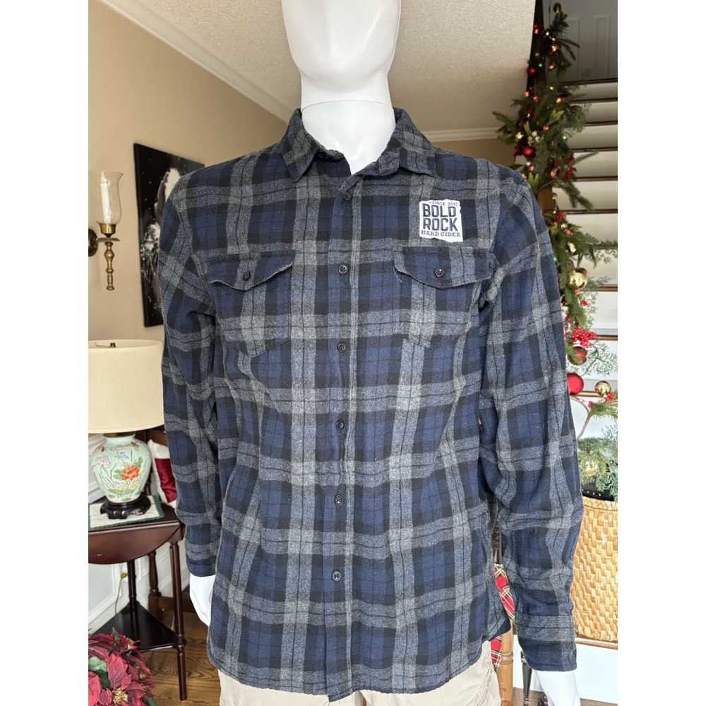 Bold Rock Hard Cider Men's Sz Large Blue Gray Flannel Button‎ Down Shirt